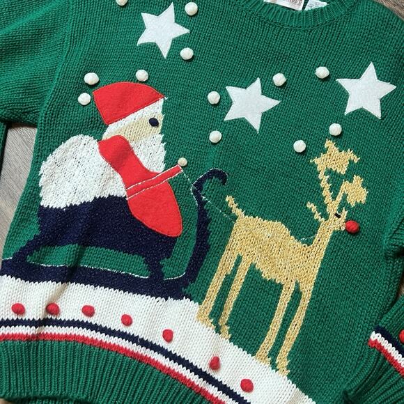 Vtg Green Ugly Christmas Sweater Large Santa Sleigh Rudolph 1980s Prep Pop Art - Picture 2 of 6